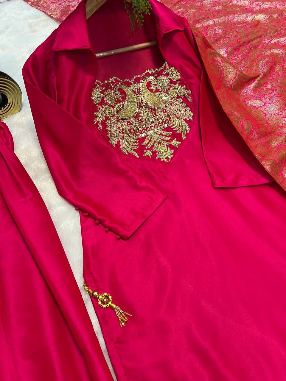 Regal Pink Peacock-Embellished Gala Suit